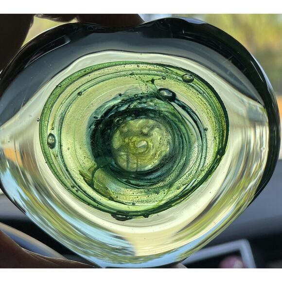 Green Heart Shaped Glass Paperweight Hand Blown With Shamrock Stamp - Picture 8 of 10